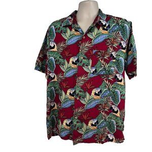 Vintage Mens Red Floral Hawaiian Aloha Parrots Button Up Shirt Large Pocket